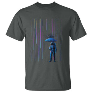 Perseid Meteor Shower Raining Astronaut With Umbrella T Shirt TS11 Dark Heather Print Your Wear