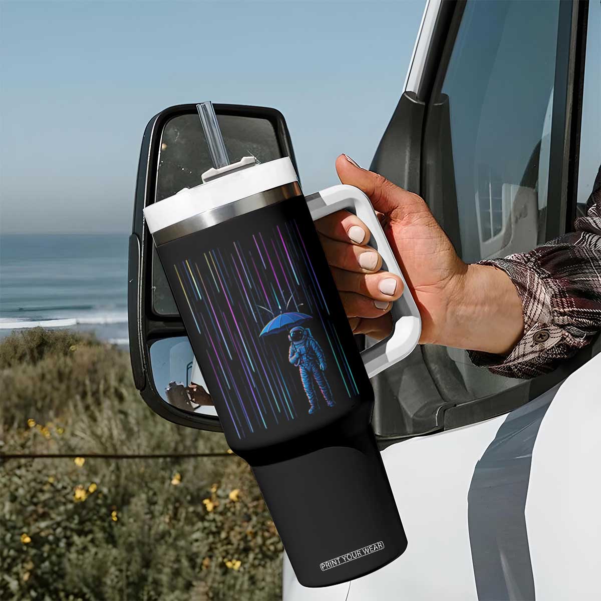 Perseid Meteor Shower Raining Astronaut With Umbrella Tumbler With Handle TS11 Print Your Wear