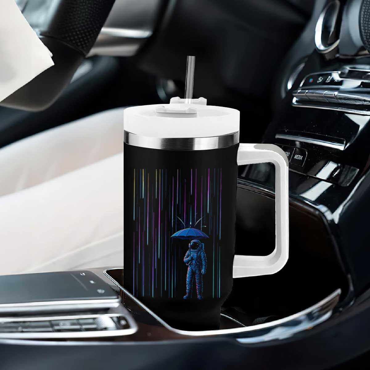 Perseid Meteor Shower Raining Astronaut With Umbrella Tumbler With Handle TS11 Print Your Wear