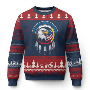 American Indian Veteran Ugly Christmas Sweater Native American Veteran Eagle Dreamcatcher TS11 Navy Red Print Your Wear