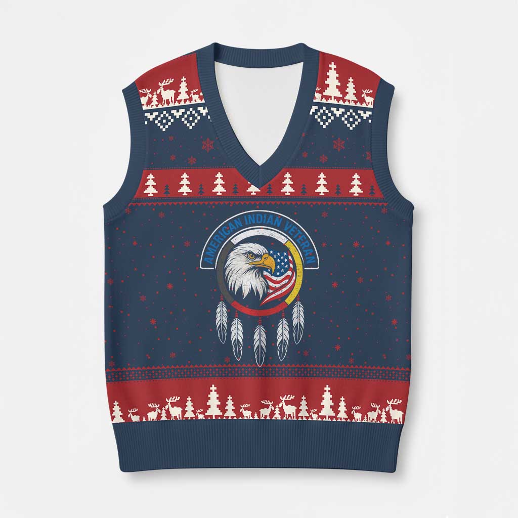 American Indian Veteran V-Neck Knit Sweater Vest Native American Veteran Eagle Dreamcatcher TS11 Navy Red Print Your Wear