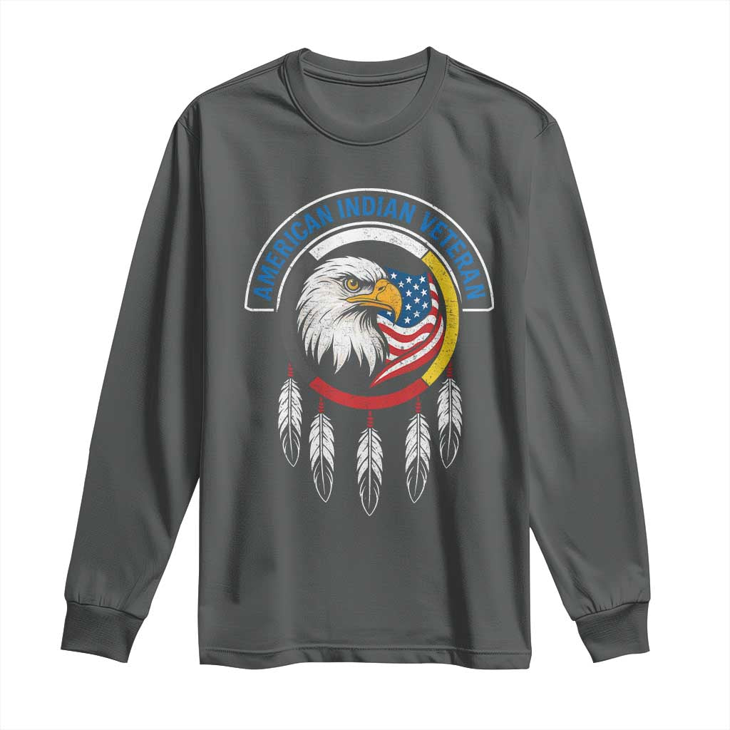 American Indian Veteran Long Sleeve Shirt Native American Veteran Eagle Dreamcatcher TS11 Dark Heather Print Your Wear