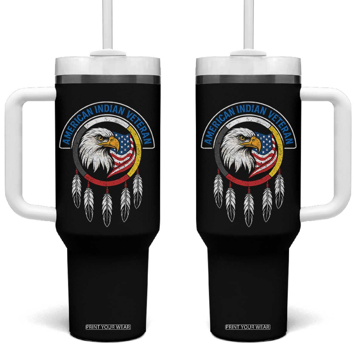American Indian Veteran Tumbler With Handle Native American Veteran Eagle Dreamcatcher TS11 One Size: 40 oz Black Print Your Wear