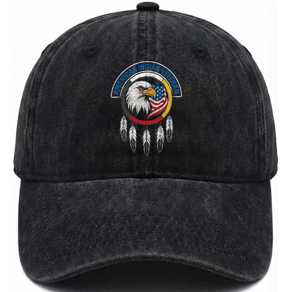 American Indian Veteran Washed Cotton Baseball Cap Native American Veteran Eagle Dreamcatcher TS11 Washed Cap Universal Fit Black Print Your Wear