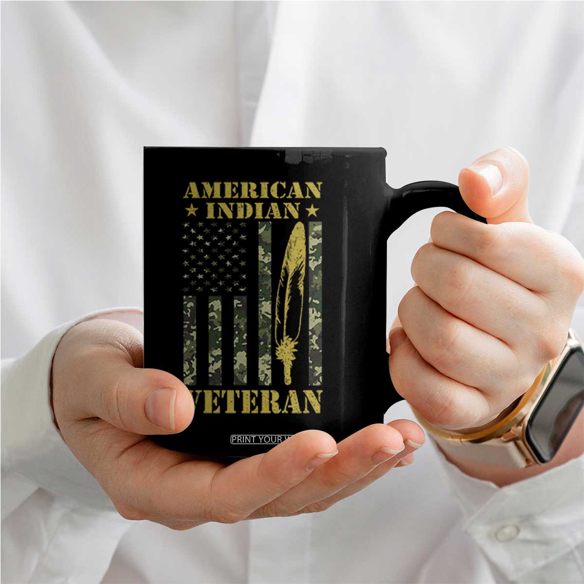 American Indian Veteran Coffee Mug Native American Veteran Feathers Camo Flag TS11 Print Your Wear
