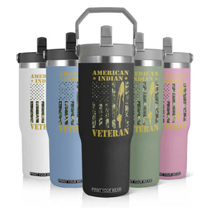 American Indian Veteran Flip Straw Tumbler Native American Veteran Feathers Camo Flag TS11 Print Your Wear