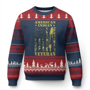 American Indian Veteran Ugly Christmas Sweater Native American Veteran Feathers Camo Flag TS11 Navy Red Print Your Wear
