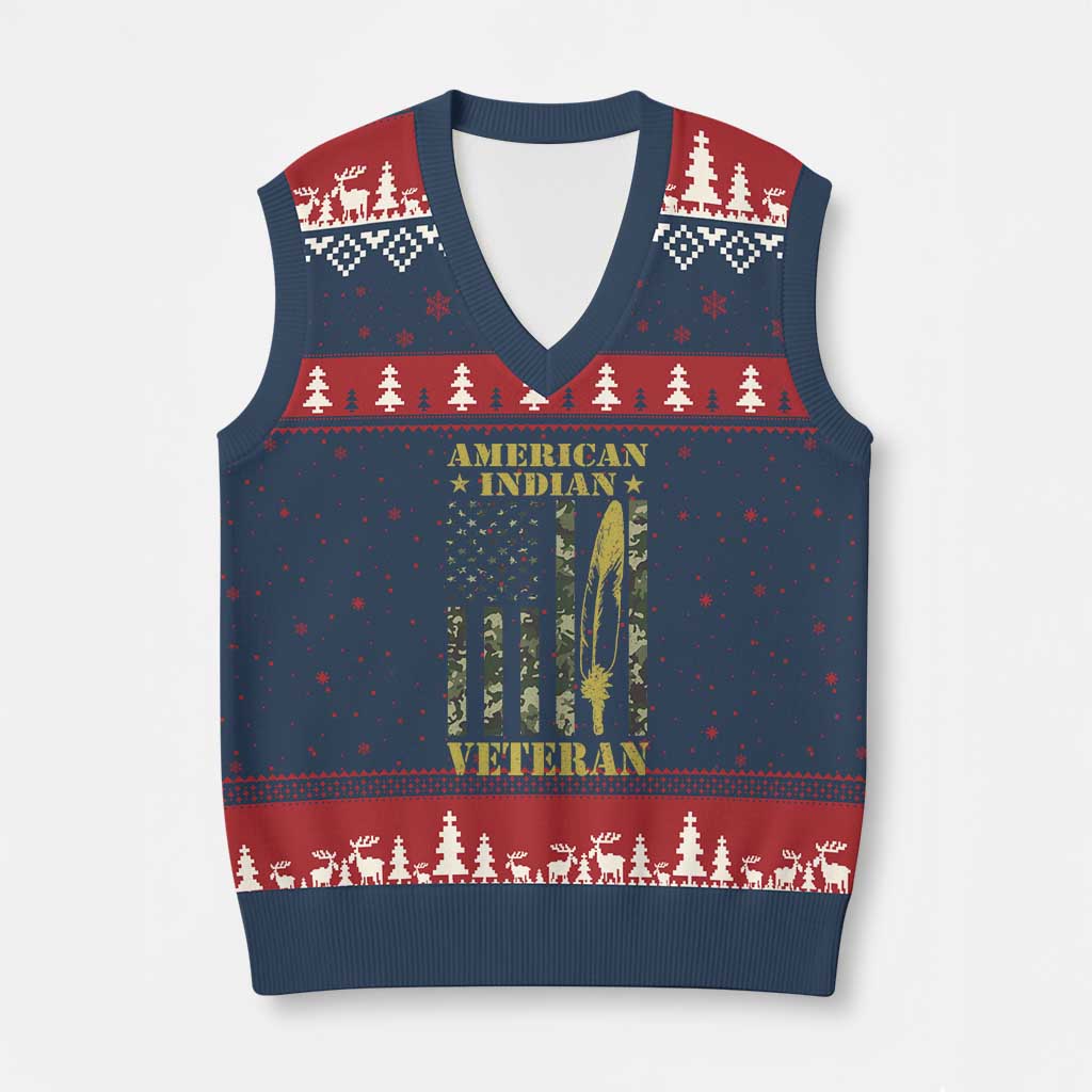 American Indian Veteran V-Neck Knit Sweater Vest Native American Veteran Feathers Camo Flag TS11 Navy Red Print Your Wear