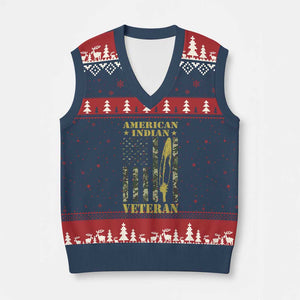 American Indian Veteran V-Neck Knit Sweater Vest Native American Veteran Feathers Camo Flag TS11 Navy Red Print Your Wear