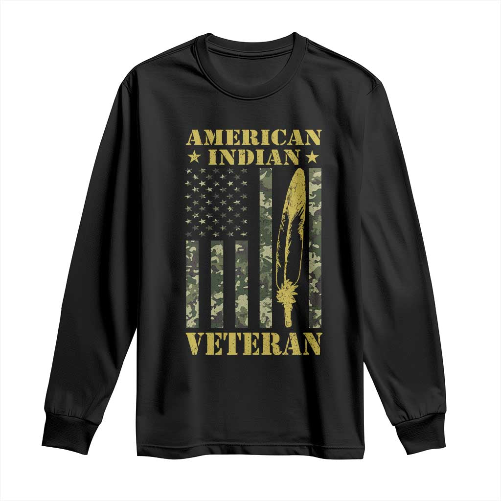 American Indian Veteran Long Sleeve Shirt Native American Veteran Feathers Camo Flag TS11 Black Print Your Wear