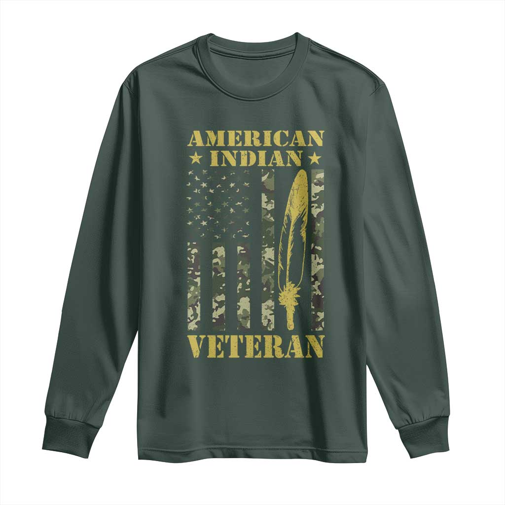 American Indian Veteran Long Sleeve Shirt Native American Veteran Feathers Camo Flag TS11 Dark Forest Green Print Your Wear