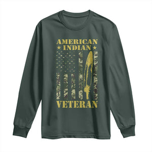 American Indian Veteran Long Sleeve Shirt Native American Veteran Feathers Camo Flag TS11 Dark Forest Green Print Your Wear