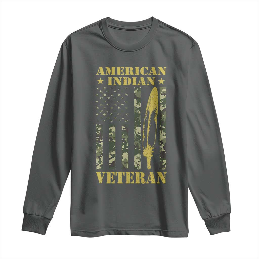 American Indian Veteran Long Sleeve Shirt Native American Veteran Feathers Camo Flag TS11 Dark Heather Print Your Wear