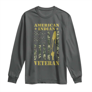 American Indian Veteran Long Sleeve Shirt Native American Veteran Feathers Camo Flag TS11 Dark Heather Print Your Wear