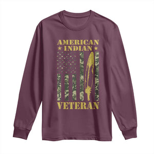 American Indian Veteran Long Sleeve Shirt Native American Veteran Feathers Camo Flag TS11 Maroon Print Your Wear