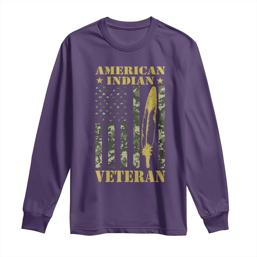 American Indian Veteran Long Sleeve Shirt Native American Veteran Feathers Camo Flag TS11 Purple Print Your Wear