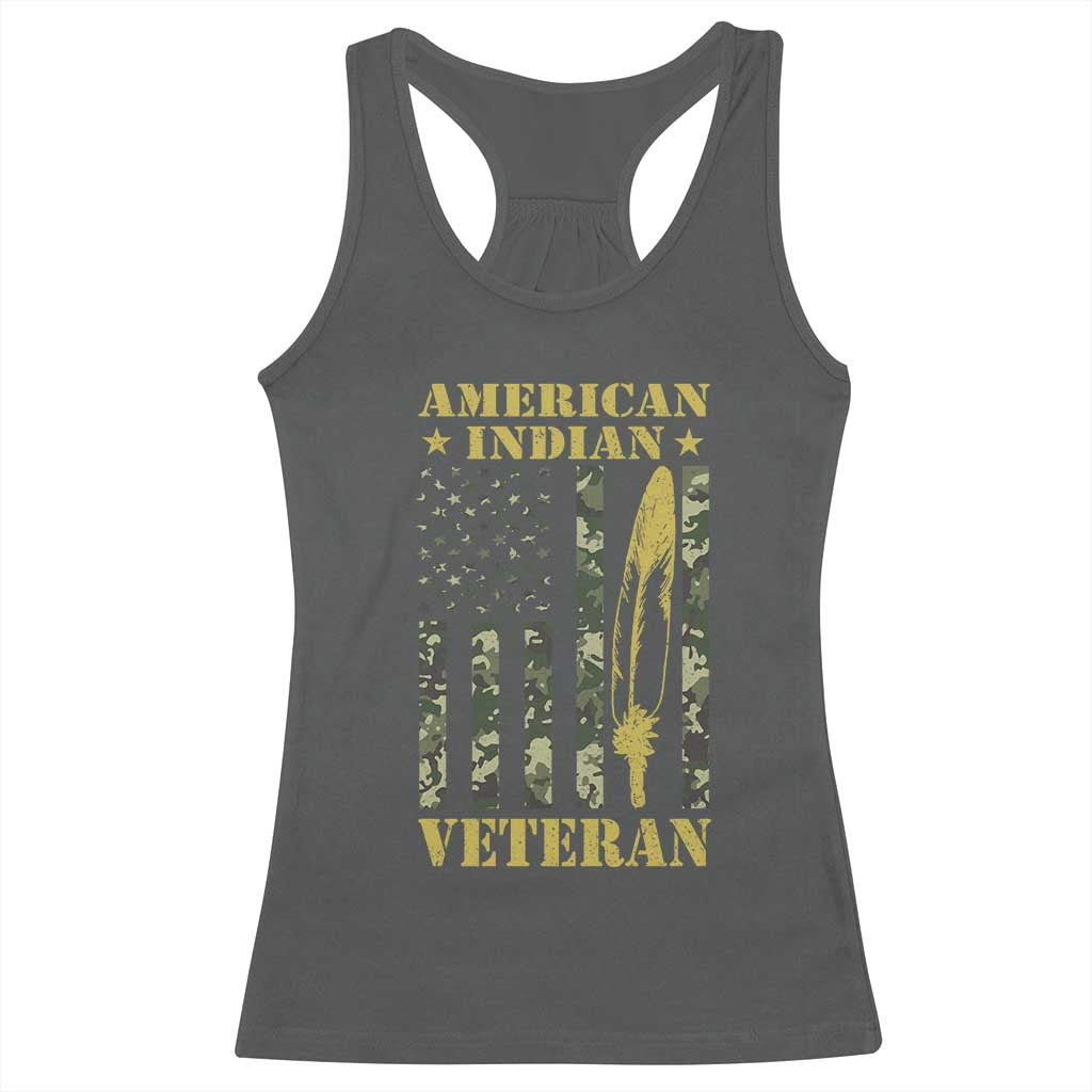 American Indian Veteran Racerback Tank Top Native American Veteran Feathers Camo Flag TS11 Dark Heather Print Your Wear