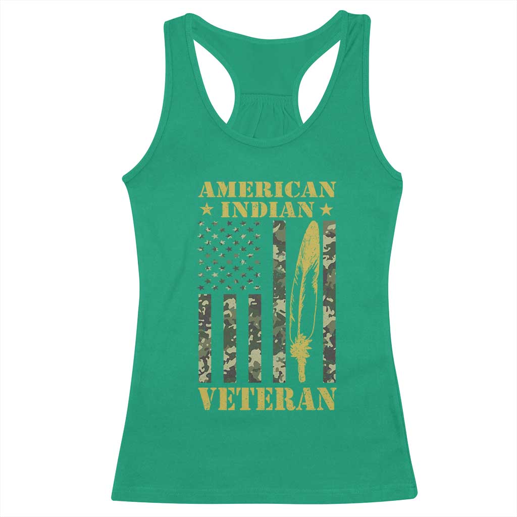 American Indian Veteran Racerback Tank Top Native American Veteran Feathers Camo Flag TS11 Irish Green Print Your Wear