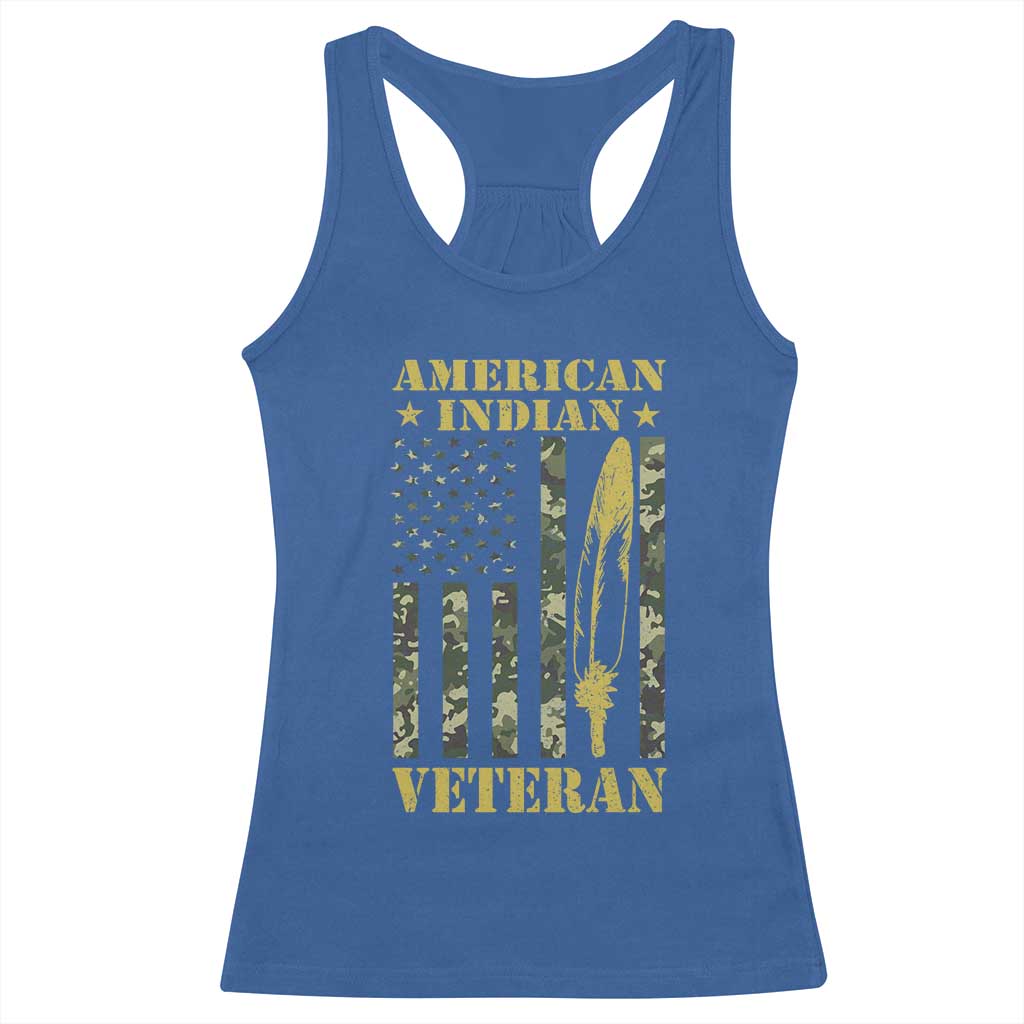 American Indian Veteran Racerback Tank Top Native American Veteran Feathers Camo Flag TS11 Royal Blue Print Your Wear
