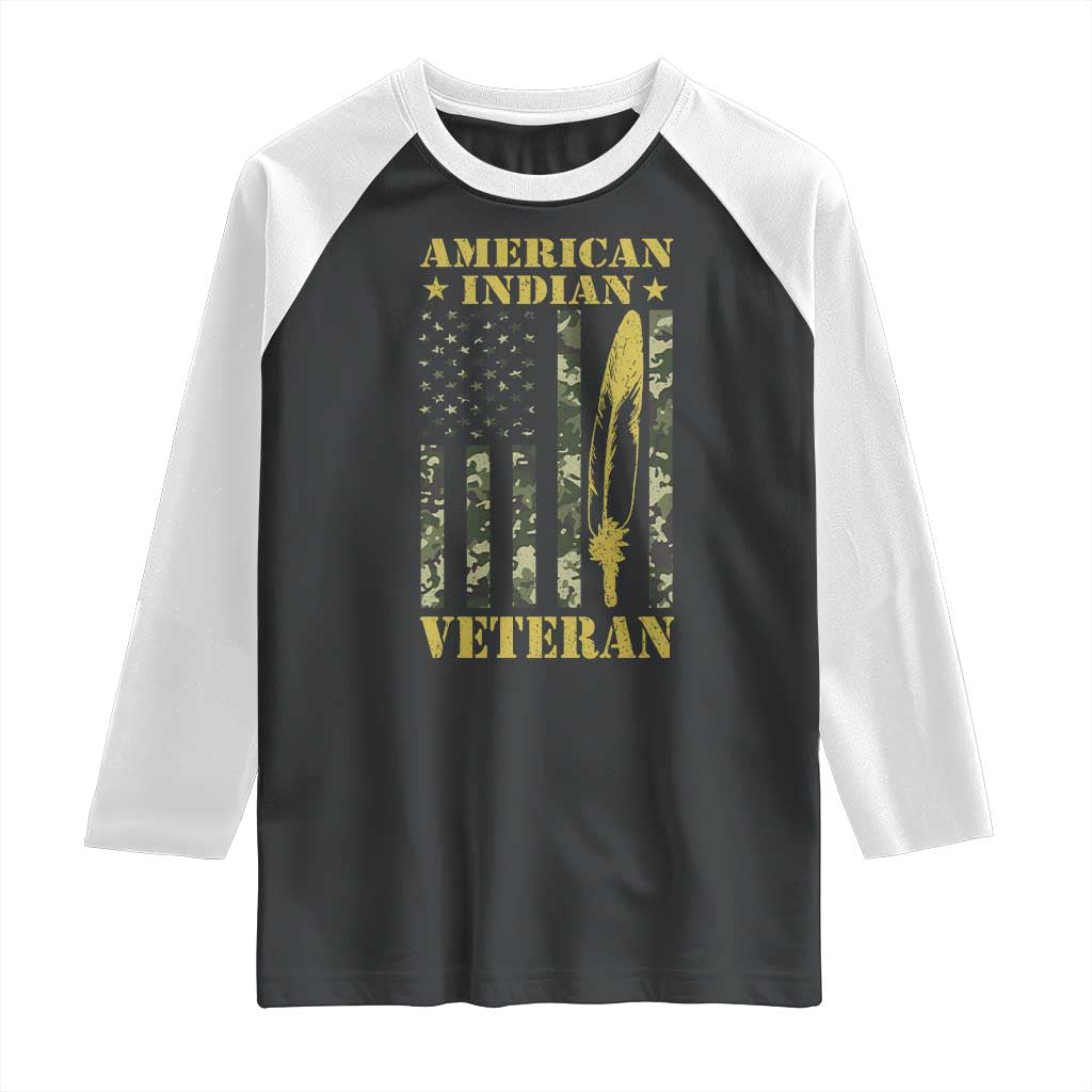 American Indian Veteran Raglan Shirt Native American Veteran Feathers Camo Flag - Print Your Wear