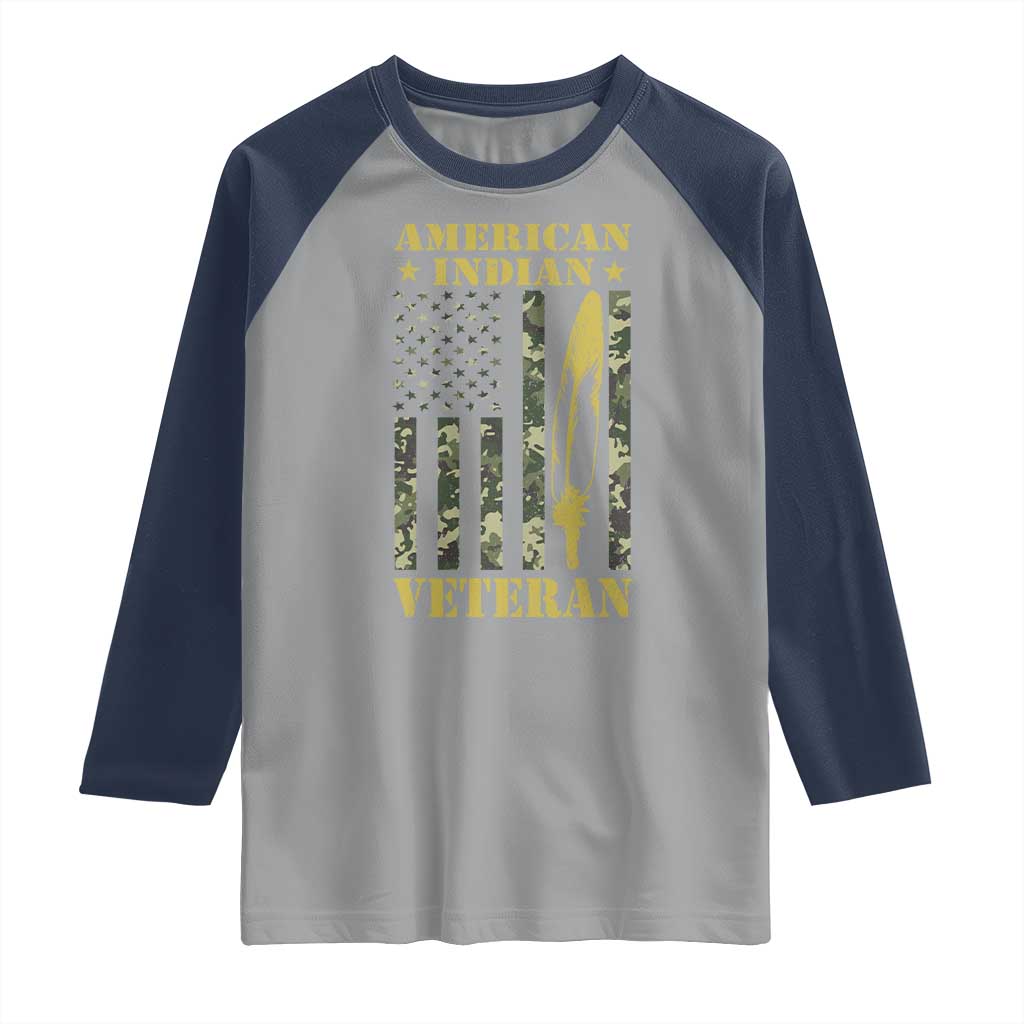American Indian Veteran Raglan Shirt Native American Veteran Feathers Camo Flag TS11 Sport Gray Navy Print Your Wear