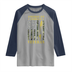 American Indian Veteran Raglan Shirt Native American Veteran Feathers Camo Flag TS11 Sport Gray Navy Print Your Wear