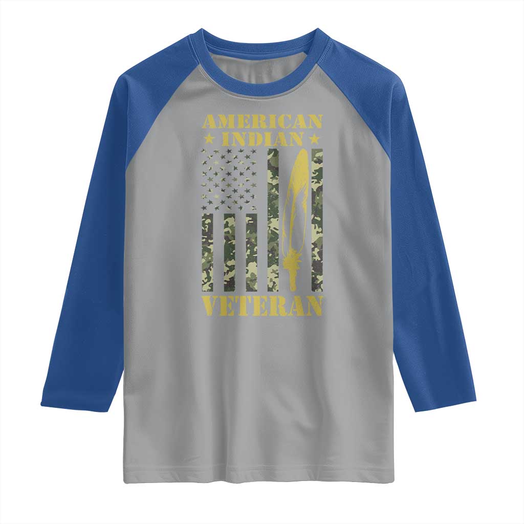 American Indian Veteran Raglan Shirt Native American Veteran Feathers Camo Flag TS11 Sport Gray Royal Print Your Wear