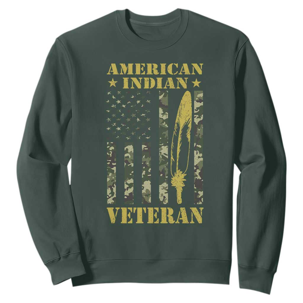 American Indian Veteran Sweatshirt Native American Veteran Feathers Camo Flag TS11 Dark Forest Green Print Your Wear