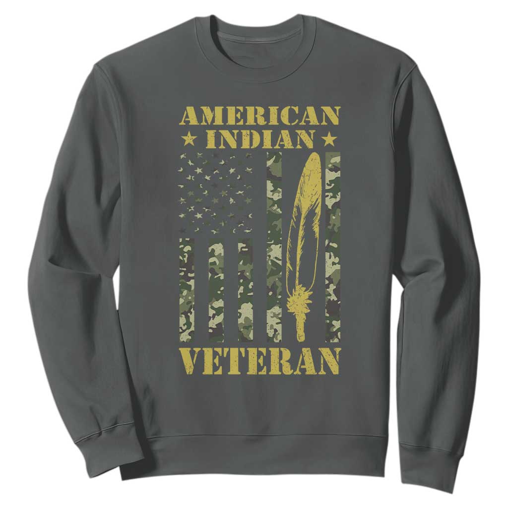 American Indian Veteran Sweatshirt Native American Veteran Feathers Camo Flag TS11 Dark Heather Print Your Wear