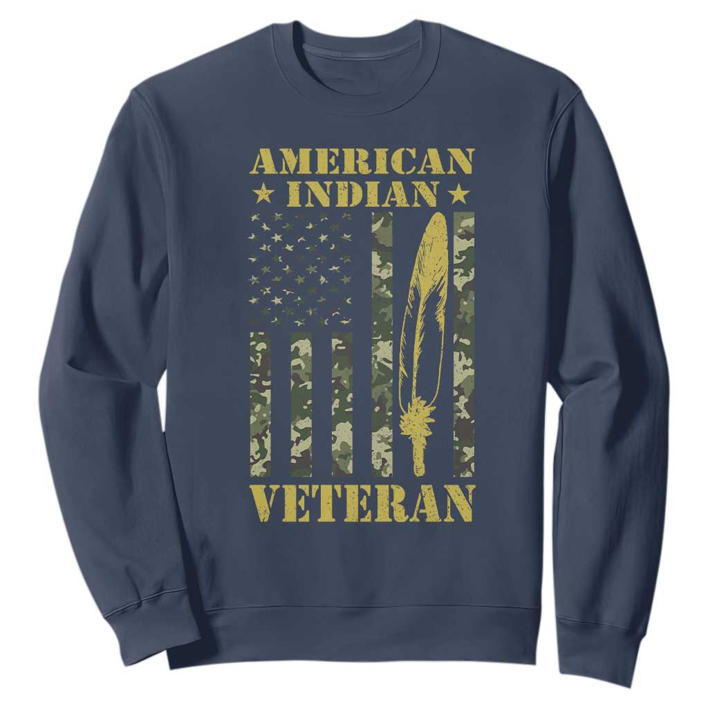 American Indian Veteran Sweatshirt Native American Veteran Feathers Camo Flag TS11 Navy Print Your Wear