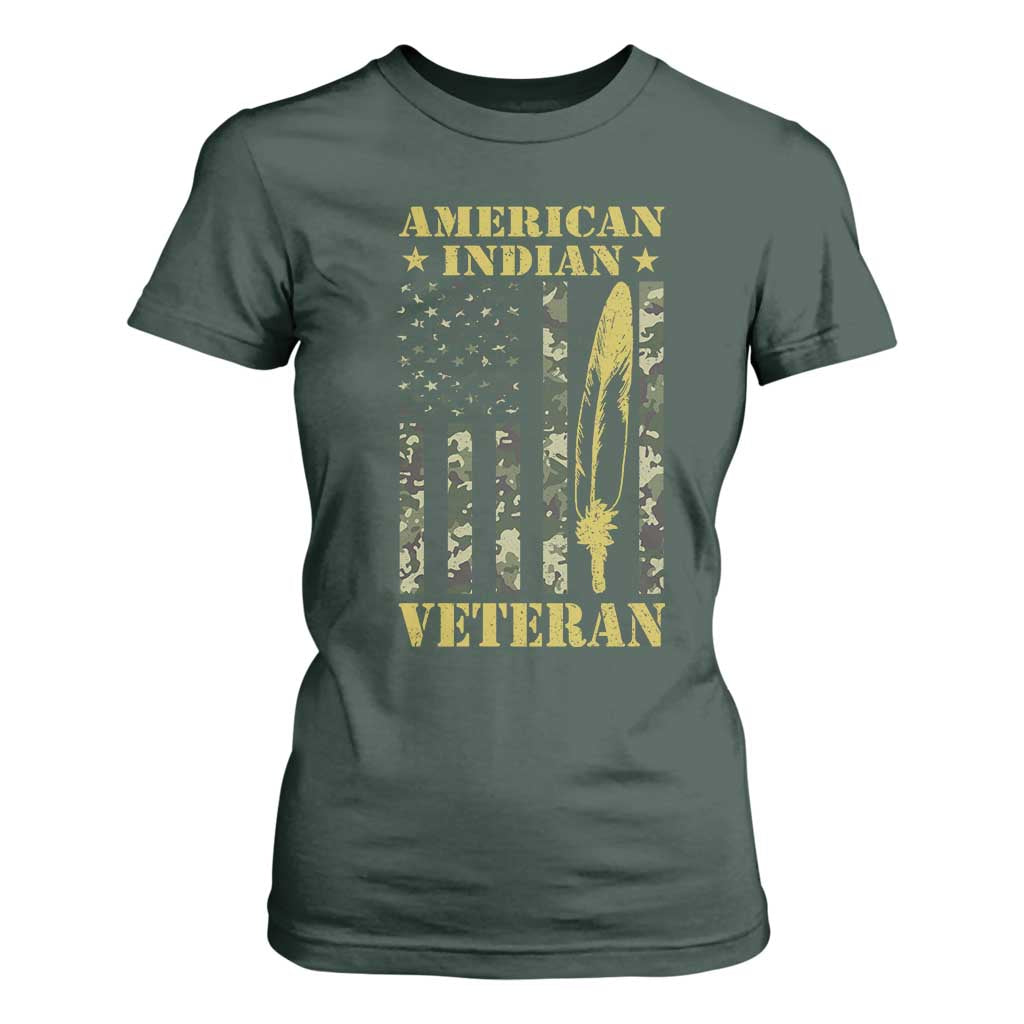 American Indian Veteran T Shirt For Women Native American Veteran Feathers Camo Flag TS11 Dark Forest Green Print Your Wear