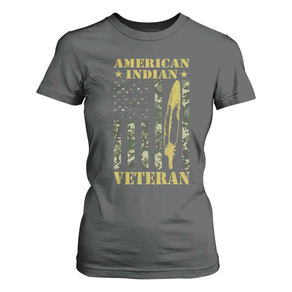 American Indian Veteran T Shirt For Women Native American Veteran Feathers Camo Flag TS11 Dark Heather Print Your Wear
