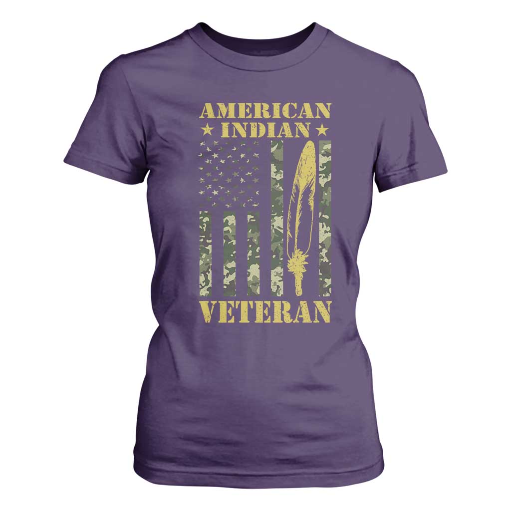 American Indian Veteran T Shirt For Women Native American Veteran Feathers Camo Flag TS11 Purple Print Your Wear
