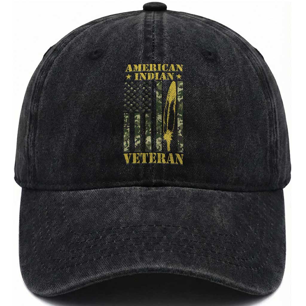American Indian Veteran Washed Cotton Baseball Cap Native American Veteran Feathers Camo Flag TS11 Washed Cap Universal Fit Black Print Your Wear