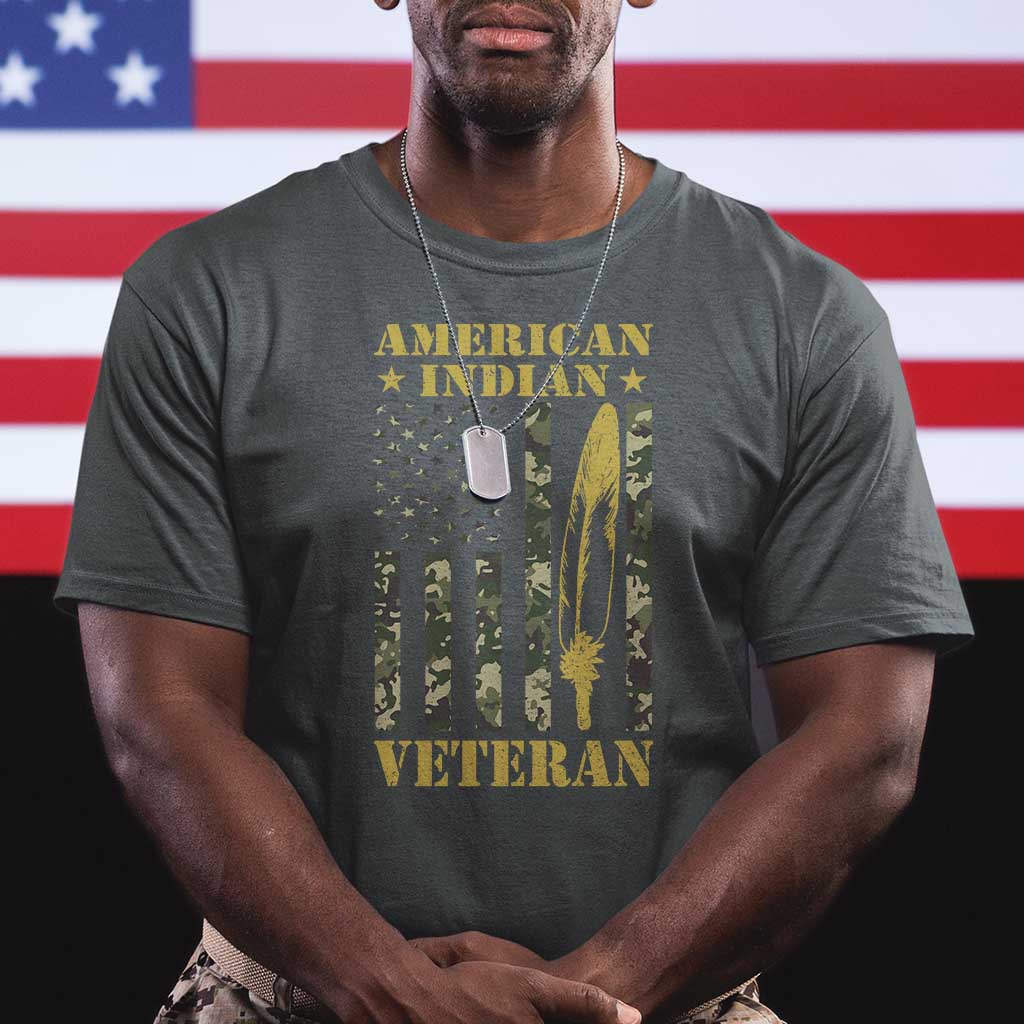 American Indian Veteran T Shirt Native American Veteran Feathers Camo Flag TS11 Dark Heather Print Your Wear