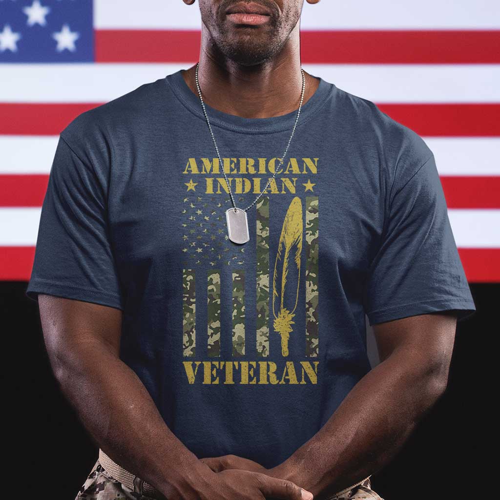 American Indian Veteran T Shirt Native American Veteran Feathers Camo Flag TS11 Navy Print Your Wear
