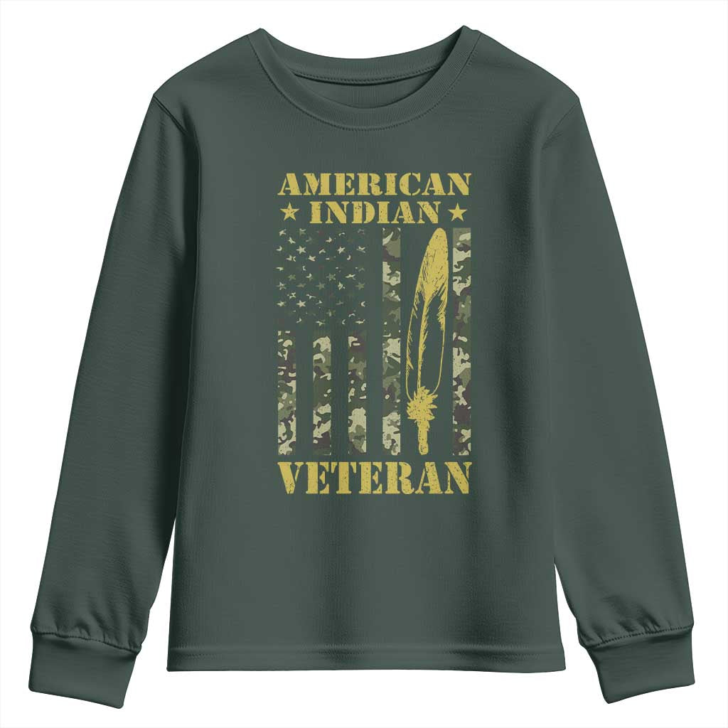 American Indian Veteran Youth Sweatshirt Native American Veteran Feathers Camo Flag TS11 Dark Forest Green Print Your Wear