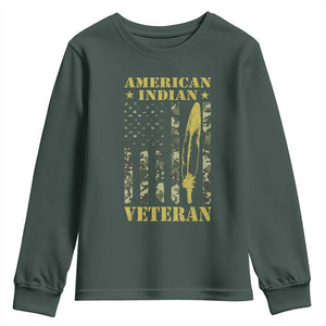 American Indian Veteran Youth Sweatshirt Native American Veteran Feathers Camo Flag TS11 Dark Forest Green Print Your Wear