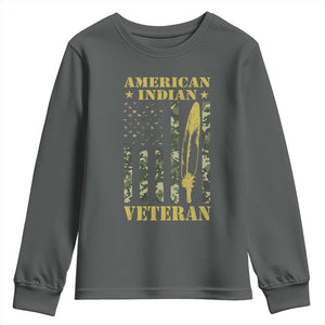 American Indian Veteran Youth Sweatshirt Native American Veteran Feathers Camo Flag TS11 Dark Heather Print Your Wear