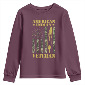 American Indian Veteran Youth Sweatshirt Native American Veteran Feathers Camo Flag TS11 Maroon Print Your Wear