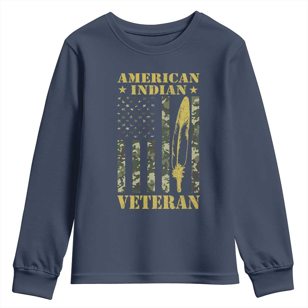 American Indian Veteran Youth Sweatshirt Native American Veteran Feathers Camo Flag TS11 Navy Print Your Wear