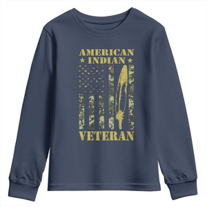 American Indian Veteran Youth Sweatshirt Native American Veteran Feathers Camo Flag TS11 Navy Print Your Wear