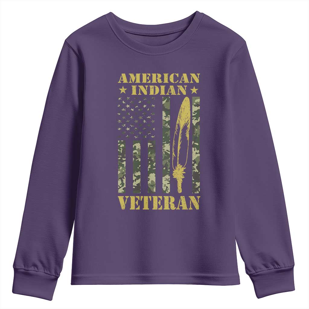 American Indian Veteran Youth Sweatshirt Native American Veteran Feathers Camo Flag TS11 Purple Print Your Wear