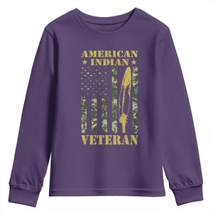 American Indian Veteran Youth Sweatshirt Native American Veteran Feathers Camo Flag TS11 Purple Print Your Wear