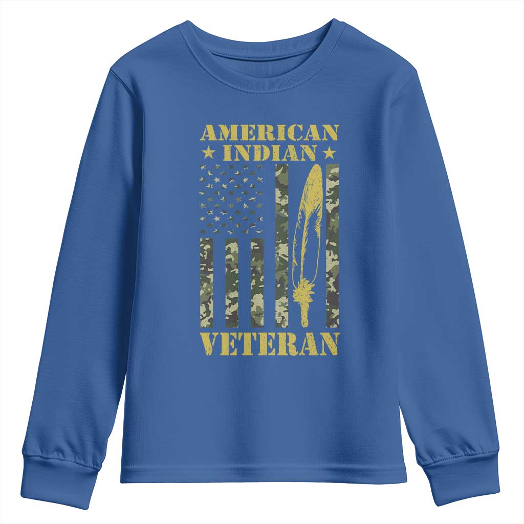 American Indian Veteran Youth Sweatshirt Native American Veteran Feathers Camo Flag TS11 Royal Blue Print Your Wear