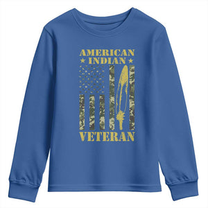 American Indian Veteran Youth Sweatshirt Native American Veteran Feathers Camo Flag TS11 Royal Blue Print Your Wear