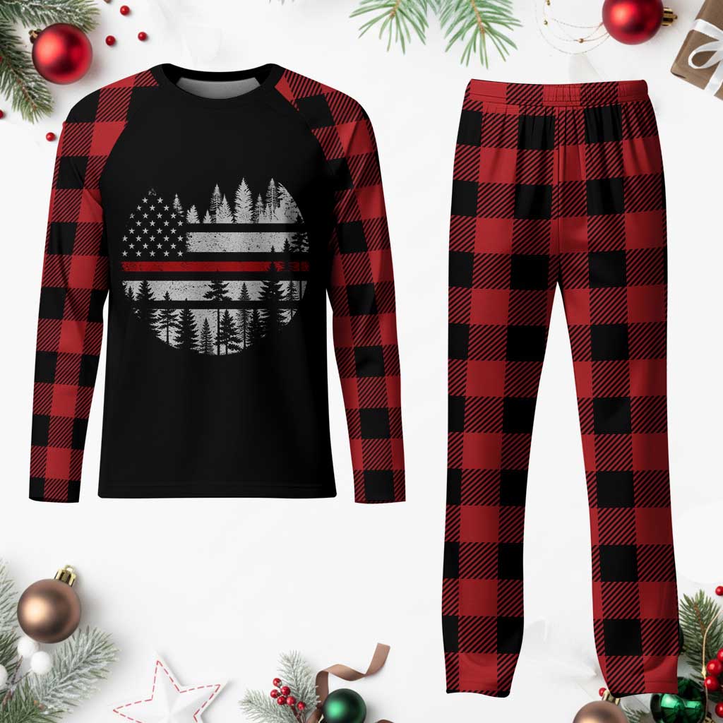 Wildland Firefighter Forest Red Line American Flag Plaid Pajama Set