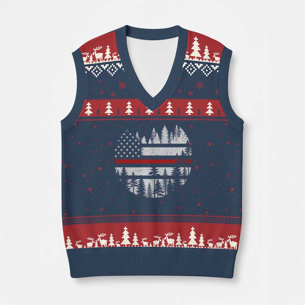 Wildland Firefighter Forest Red Line American Flag V-Neck Knit Sweater Vest