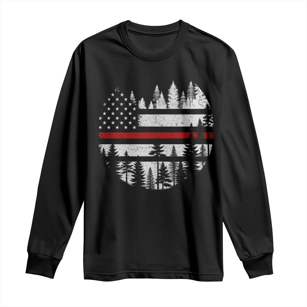Wildland Firefighter Forest Red Line American Flag Long Sleeve Shirt
