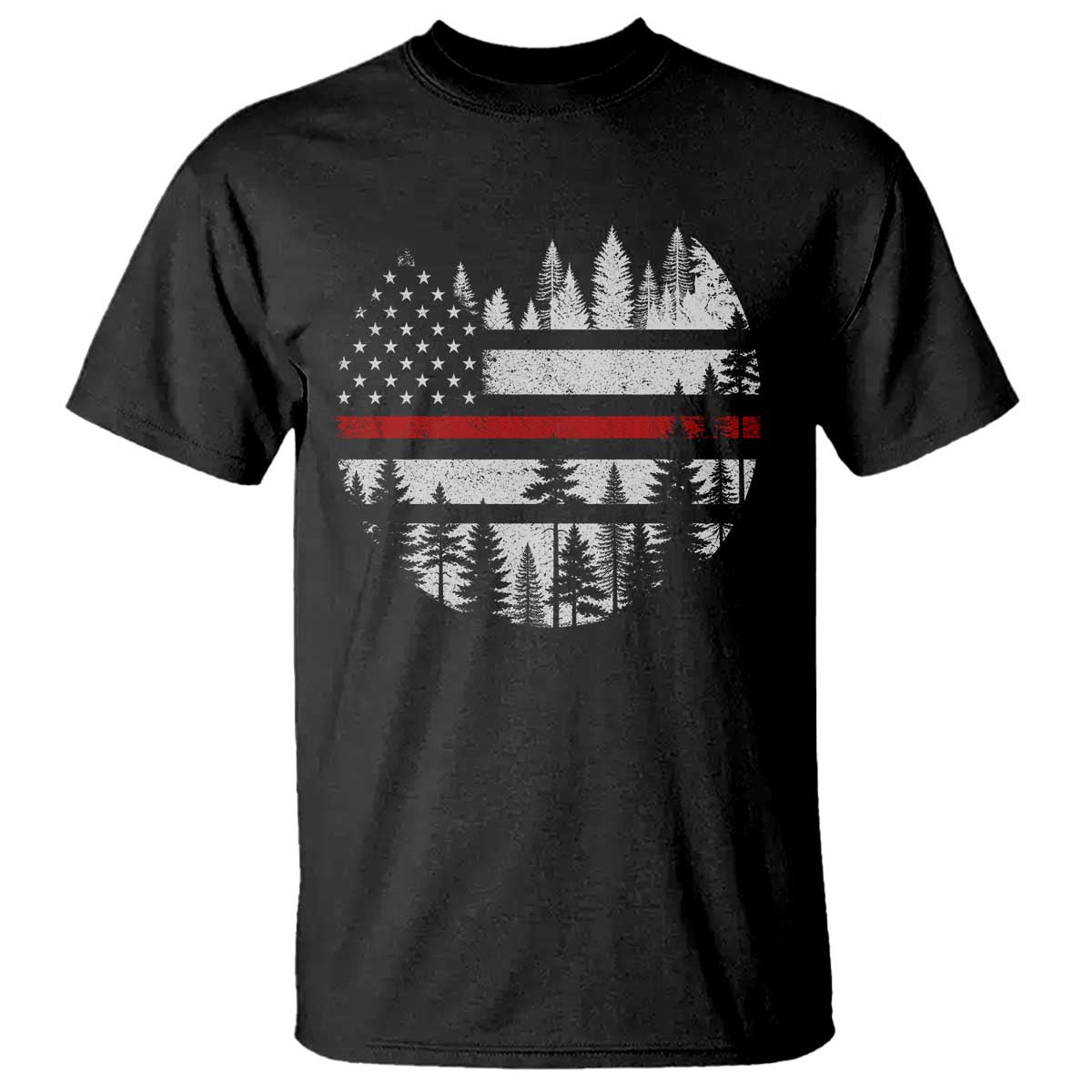 Wildland Firefighter Forest Red Line American Flag T Shirt